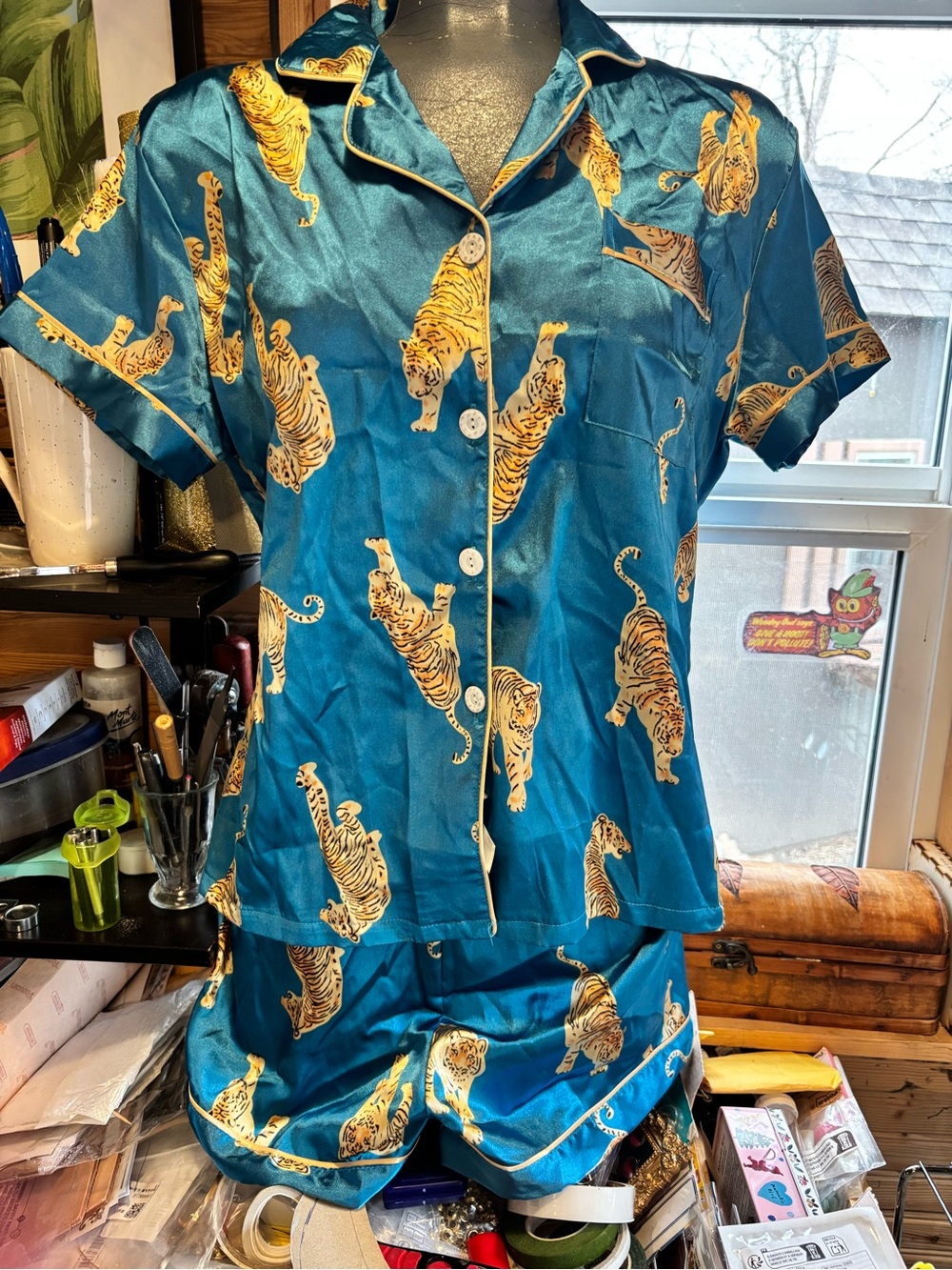 Silky Teal Tiger Print Short Pajama Set - Unbranded